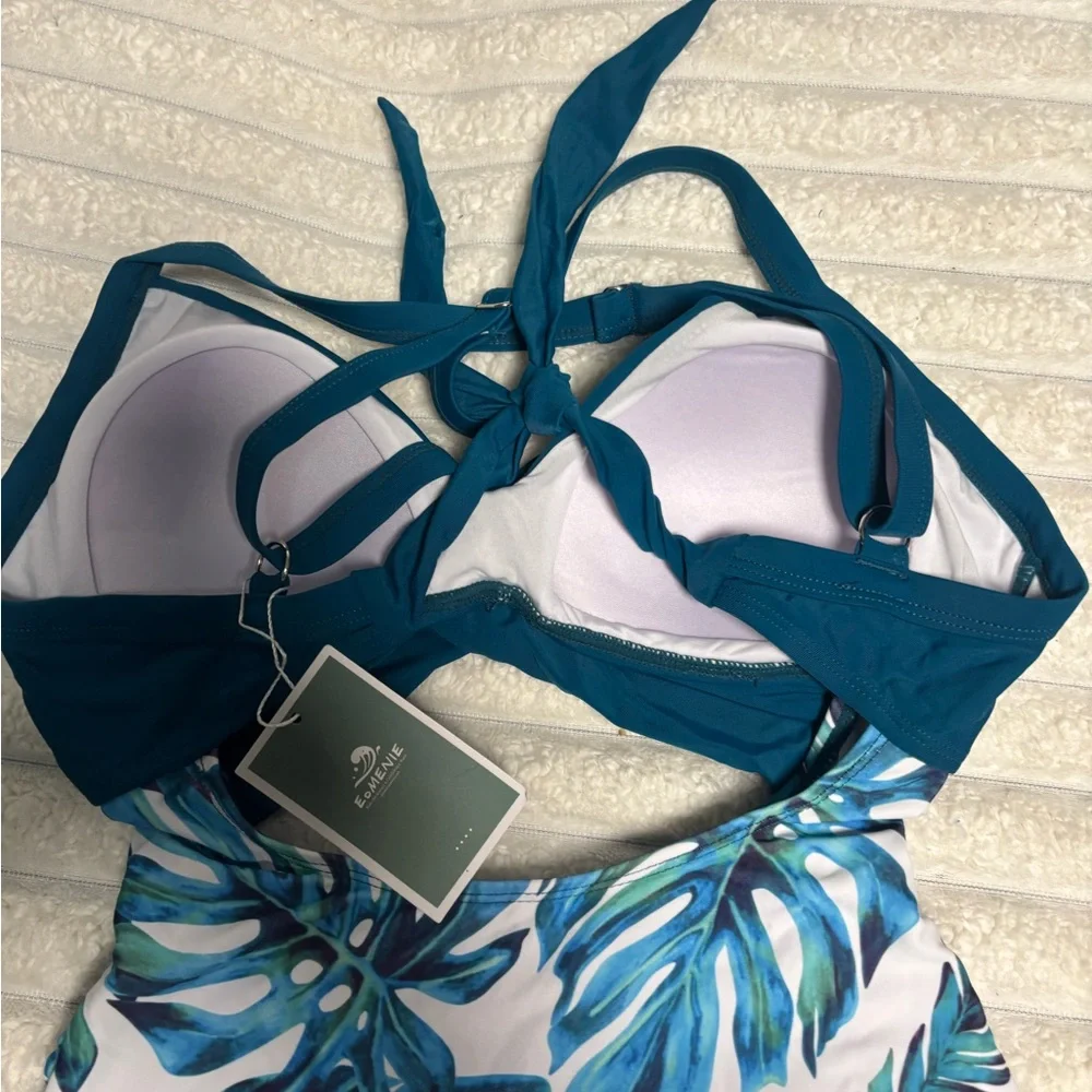 Elegant Teal and Leaf Print One Piece Swimsuit